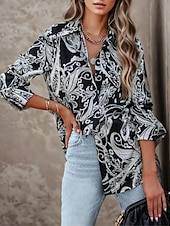 abordables Tops Boho pour Femmes-Chemise Femme Manches Longues Blouse à Boutons Mode Imprimé Paisley Classique Regular Tops Col Chemise Décontracté Noir Printemps  Automne