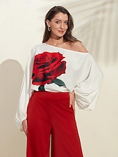 economico Women&#039;s Sets-set di culotte con spalle scoperte e maniche a sbuffo stampate in raso