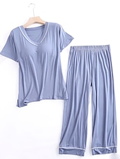 cheap Women&#039;s Sleepwear-Women&#039;s Pajamas Sets Pure Color Fashion Simple Comfort Home Daily Bed Modal Breathable V Wire Short Sleeve T shirt Tee Pant Chest pads Summer Home Outfits