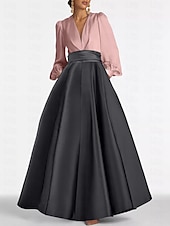 economico viola-Abito da Sera A-Line Elegante Abito per Ospiti di Matrimonio Formale Lunghezza Completa Manica Lunga V Neck Satinato con Pieghe