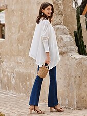 cheap Plain tee-T shirt Tee Women&#039;s Darkblue Black White Solid / Plain Color Patchwork Irregular Hem Street Date Daily Classic Round Neck Regular Fit S