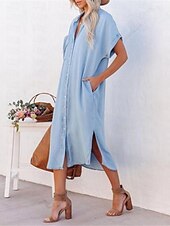 ieftine Rochii tip cămașă-Pentru femei Rochii Tip Cămașă Rochii Midi Denim Buton Buzunar Dată Șic Stradă Guler Cămașă Manșon scurt Albastru piscină Culoare