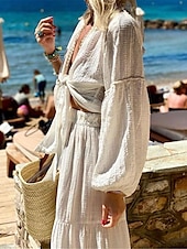 preiswerte Kleider für die Ferien-Damen Kleid-Set Weißes Kleid Schaukelkleid Boho Glatt mit Schnürung Rüsche kleid lang Langarm V Ausschnitt Urlaub Strand Weiß Sommer Frühling Regular Fit