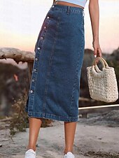 abordables Jupes-Femme Jupe Jupe mi-longue en jean Mode Décontractées Midi Taille haute Jupes Couleur Pleine Pointes fourchues Casual Quotidien Fin de semaine Noir bleu marine Bleu de minuit Eté Jean