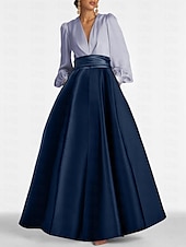 economico viola-Abito da Sera A-Line Elegante Abito per Ospiti di Matrimonio Formale Lunghezza Completa Manica Lunga V Neck Satinato con Pieghe