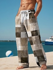 cheap Men&#039;s Printed Casual Pants-Plaid Color Block Men&#039;s Resort 3D Printed Casual Pants Trousers Elastic Waist Drawstring Loose Fit Straight-Leg Summer Beach Pants S TO 3XL