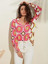 economico camicie, top e camicette-camicia con scollo a V e stampa floreale in raso