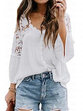 preiswerte Basic-Damenoberteile-Hemd Boho-Shirt Spitzenhemd Bluse Damen Schwarz Weiß Rosa Feste Farbe Spitze Taste Strasse Täglich Modisch V Ausschnitt S