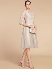 cheap Mother of the Bride-A-Line Mother of the Bride Dress Wedding Guest Elegant Petite Crew Neck Knee Length Lace Tulle Half Sleeve with Pleats Solid Color 2025