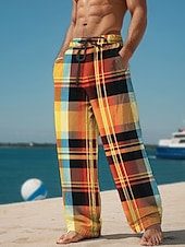 cheap Men&#039;s Printed Casual Pants-Plaid Color Block Men&#039;s Resort 3D Printed Casual Pants Trousers Elastic Waist Drawstring Loose Fit Straight-Leg Summer Beach Pants S TO 3XL