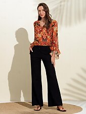 cheap Women&#039;s Graphic Tops-Chiffon Paisley Ruffle Sleeve Blouse