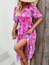 abordables Robes fleuries décontractées-robe décontractée pour femme imprimé floral col en V robe midi ethnique bohème vacances manches courtes été