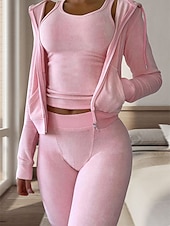 cheap Women&#039;s Sleepwear-Women&#039;s Pajamas Sets 3 Pieces Pure Color Warm Fashion Plush Home Daily Bed Flannel Warm Breathable Hoodie Long Sleeve Hoodie Pant Fall Winter Home Outfits