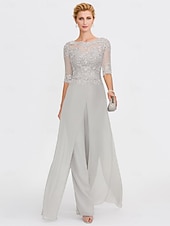 abordables Combinaisons pour maman-Ensemble jumpsuit  pantalon en deux pièces de mariage à la plage mère de la mariée invitée de mariage formelle élégante wrap inclus col bateau longueur sol chiffon manches 3/4 avec appliques 2025