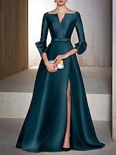 abordables Vestidos de Noche en A-Corte A Hasta el Suelo Vestidos de noche Corte Cenicienta Vestimenta formal Elegante Sedoso Manga 3/4 Escote en Pico Invitado a la boda Fiesta de Cóctel Satén con Abertura