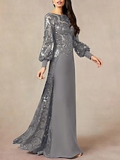 cheap Floor Length-A-Line Mother of the Bride Dress Formal Wedding Guest Elegant Jewel Neck Floor Length Chiffon Sequined Long Sleeve with Sequin 2025 free custom size