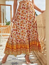 billiga Kjolar-Dam Kjol A-linje Gunga Böhmen Mode Ledigt Boho Maxi Hög midja Kjolar Blommig Snörning Mönster Kluvna toppar Semester Dagligen Gul Rubinrött Grön Sommar Konstsilke