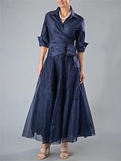 halpa Lattian pituus-Kaksiosainen A-linjainen morsiamen äidin mekko virallinen häävieras elegantti kauluspaita nilkkapituinen organza Italia satiini puolihihalla rusetilla rypytys-bandaasi ilmainen mittatilaus
