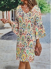 ieftine Rochii boho-Pentru femei Rochie Mini Rochie casual Rochie de primăvară Șic Stradă Mânecă cu volan Vacanță Stradă Dată Potrivire Largă Floral Lungime Manșon 3/4 În V Galben Vară Primăvară