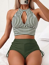 economico Tankini-Costume da bagno tankini 2 pezzi da donna arricciato slip controllo della pancia alta vita slim senza schiena vacanza mare abbigliamento a righe collo all'americana senza maniche