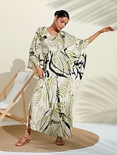 abordables robe décontractée imprimée-Robe longue en satin à fleurs, col en V, robe caftan