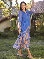 economico abito casual stampato-abito boho in chiffon con fiori tropicali e maniche a sbuffo