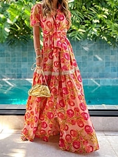 abordables Robes de vacances-robe décontractée pour femme à fleurs à lacets boutonnée col chemise robe midi bohème vacances manches courtes été