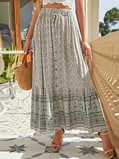 billiga Kjolar-Dam Kjol A-linje Gunga Böhmen Mode Ledigt Boho Maxi Hög midja Kjolar Blommig Snörning Mönster Kluvna toppar Semester Dagligen Gul Rubinrött Grön Sommar Konstsilke