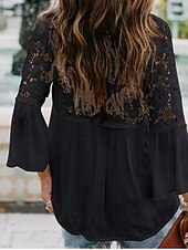 preiswerte Basic-Damenoberteile-Hemd Boho-Shirt Spitzenhemd Bluse Damen Schwarz Weiß Rosa Feste Farbe Spitze Taste Strasse Täglich Modisch V Ausschnitt S