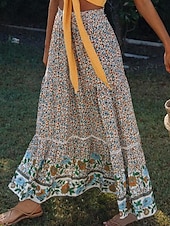 preiswerte Röcke-Damenrock A-Linie Swing Bohemia Maxirock mit hoher Taille Blumendruck Blumen Urlaub Sommer Casual Boho Aprikose Rot