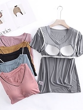cheap Women&#039;s Sleepwear-Women&#039;s Pajamas Sets Pure Color Fashion Simple Comfort Home Daily Bed Modal Breathable V Wire Short Sleeve T shirt Tee Pant Chest pads Summer Home Outfits