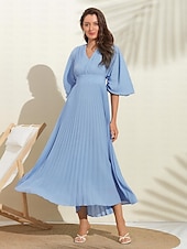 abordables robe décontractée-robe d&#039;invité de mariage pour femme maxi bleu col en v manches dolman plissée en mousseline de soie