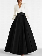 economico viola-Abito da Sera A-Line Elegante Abito per Ospiti di Matrimonio Formale Lunghezza Completa Manica Lunga V Neck Satinato con Pieghe