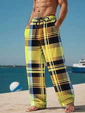 cheap Men&#039;s Printed Casual Pants-Plaid Color Block Men&#039;s Resort 3D Printed Casual Pants Trousers Elastic Waist Drawstring Loose Fit Straight-Leg Summer Beach Pants S TO 3XL