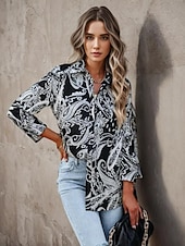 abordables Tops Boho pour Femmes-Chemise Femme Manches Longues Blouse à Boutons Mode Imprimé Paisley Classique Regular Tops Col Chemise Décontracté Noir Printemps  Automne
