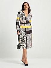 cheap Print Casual Dress-Satin Casual Leopard Print V Neck Midi Dress