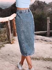 abordables Jupes-Femme Jupe Jupe mi-longue en jean Mode Décontractées Midi Taille haute Jupes Couleur Pleine Pointes fourchues Casual Quotidien Fin de semaine Noir bleu marine Bleu de minuit Eté Jean