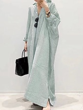 cheap Print Cotton &amp; Linen Dresses-Women&#039;s Black White Light Green Summer Spring Fall Maxi Dress Cotton Linen Dresses Casual Dress Shift Dress Basic Casual Outdoor Winter Dress Vacation Loose Fit Striped Shirt Collar