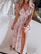 billiga Eleganta blommiga klänningar-Dam Långklänning Maxiklänning Vardagsklänning Swingklänning A linjeklänning Sommarklänning Hawaiisk Maxi Boho Semester Gata Helgdag Normal Blommig Ärmlös V-hals Gul Rodnande Rosa Grön Ljusblå Sommar