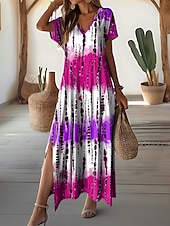 abordables Robes Rayés et Géométriques-robe longue femme col en V imprimé tie-dye bleu vert blanc fente latérale décontractée plage été fluide confortable polyvalent manches courtes tailles disponibles mode