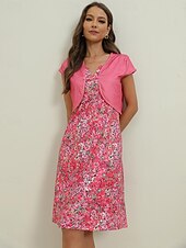 ieftine Rochii set-Pentru femei Set de rochii Rochie casual Rochie pentru invitata de nunta Rochie Tip Maieu Elegant Matur Floral Imprimeu Rochie Mini Manșon scurt În V Zilnic Dată Roz Îmbujorat Vară Primăvară Fit