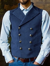 cheap Men's Waistcoat-Men's Vest Waistcoat Daily Wear Vacation Going out Vintage Fashion Spring &amp;  Fall Button Polyester Comfortable Plain Double Breasted Lapel Regular Fit Black Royal Blue Brown Rose Red Vest