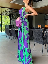 baratos macacão de férias-Mulheres Normal Macacão Roupa de rua Floral Sem Manga Halter pescoço Cintura Alta Imprimir Rua Diário Normal Vermelho Verde Verão