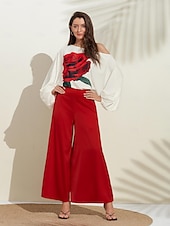economico Women&#039;s Sets-set di culotte con spalle scoperte e maniche a sbuffo stampate in raso