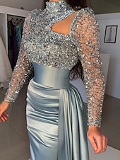 preiswerte BLAU-Meerjungfrau Abendkleid Pailletten Elegantes Kleid Formal Sweep  Brush Zug Lange Ärmel Hoher Hals Satin mit Perlen Maskeradenkleid 2025