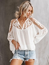 levne Dámské sexy topy-Košile Krajková košile Halenka Síťovaný patchworkový top Dámské Černá Bílá Pevná barva Šněrování Síťka ulice Denní Módní Do V S