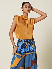 economico Bluse e camicie-camicetta senza maniche in raso a collo alto