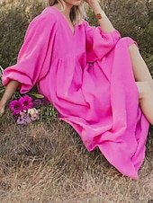cheap Design Cotton &amp; Linen Dresses-Women&#039;s Pink Orange Rose Red Summer Spring Maxi Dress Linen-Inspired Dresses Casual Dress Basic Modern Daily Weekend Loose Fit Plain V Neck