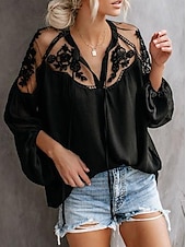 levne Dámské sexy topy-Košile Krajková košile Halenka Síťovaný patchworkový top Dámské Černá Bílá Pevná barva Šněrování Síťka ulice Denní Módní Do V S