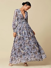 abordables Robes décontractées-femme robe longue invité de mariage bleu manches longues fleurs / plantes mousseline impression printemps &amp;amp;  Robe à motif col en V d&#039;automne, robe volante, robes corset s m l